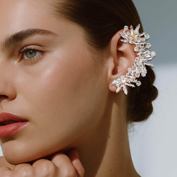 Rhinestone Silver Full Ear Cuff Earrings for Women Ear Clip Wrap Statement Climber Crawler Earrings for Women Hypoallergenic Silver Wedding Jewelry Gifts - color: Gold Left
