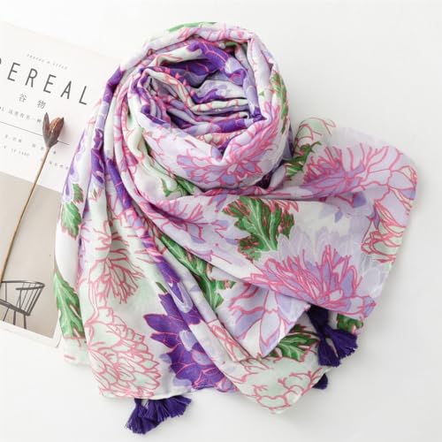WaJuemy Travel Boho Scarf for Women Casual Lightweight Pashmina Scarves Fashion Multicolor Shawl Wraps with Fringed Beads - color: 06 Purple/Pink Floral