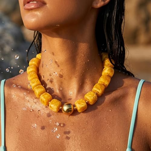 Mchic Colorful Beaded Choker Necklace for Women: Boho Large Square Acrylic Beaded Necklace Stainless Steel Adjustable Surfer Beach Strand Necklaces Summer Handmade Jewelry Gift for Women - color: Yellow1