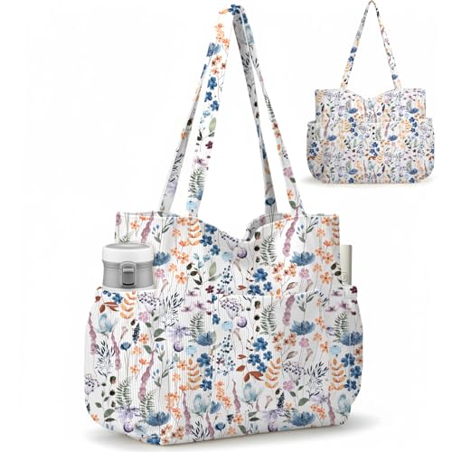 Corduroy Tote Bag for Women,Large Capacity Cute Tote Bags With 6 Pockets,Crossbody Shoulder Handbag for Work Travel Gym - color: Blue Watercolor Flowers