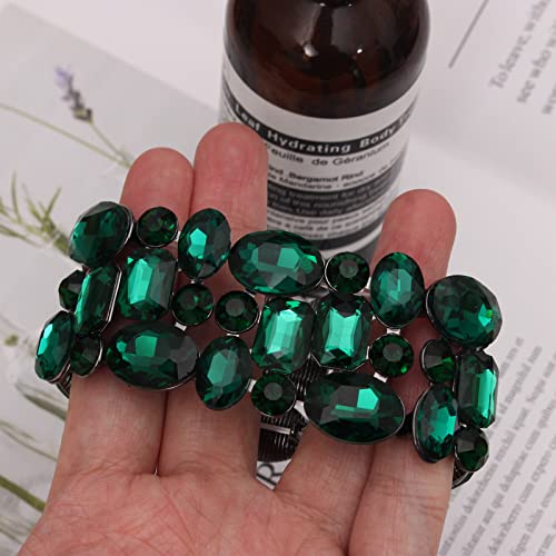 Women’s Wedding Bridal Crystal Leaf Flower Stretch Bangle Elastic Wide Bracelet Jewelry for Brides Bridesmaid - color: Emerald-Jet Plated