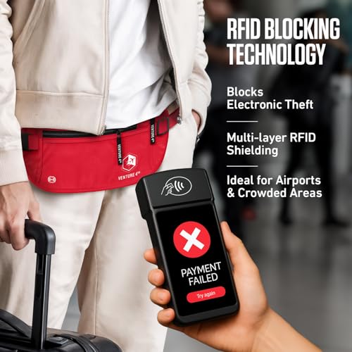 VENTURE 4TH Money Belt for Travel – Slim Hidden Under-Clothes RFID Blocking Anti-Theft Passport Holder & Travel Wallet Pouch for Men & Women to Protect Cash, Cards & Documents (Red) - color: Red