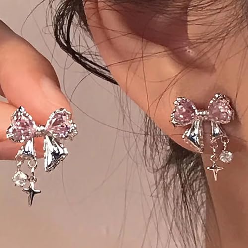 Rhinestone Bow Earrings for Women, Elegant Bridal Jewelry Statement Drop Dangle Earrings, Wedding Guest Dress Matching Accessories, Bridesmaid Gift, Sparkling Party Costume Outfit - color: C1:Pink Bow Earrings