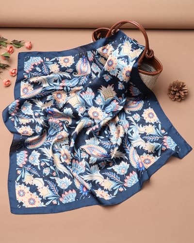 AWAYTR 27.5” Square Satin Head Scarf Hair Scarf for Women's Hair Silk Bandana for Women Silk Head Wrap for Sleeping - color: Cashew (Dark Blue)