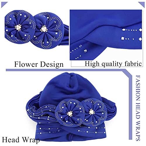 Woeoe Beanie Cap Head Wrap Black Rhinestones Head Scarf Flower Pearls Twisted Head Turban for Women Girls - color: Blue
