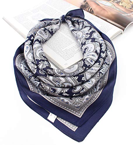 ANDANTINO 100% Mulberry Silk Scarf -21” Square Neckerchief with Gift Packed - color: Blue Paisley