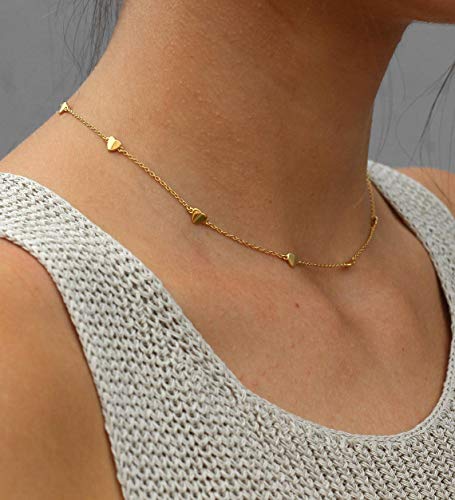 Gold Choker Necklaces 14K Gold Plated/Silver Disc Choker Necklaces Dangling Star Heart Pendant Necklaces Summer Beach Boho Necklaces Aesthetic Necklace Gift for Women - color: Gold heart