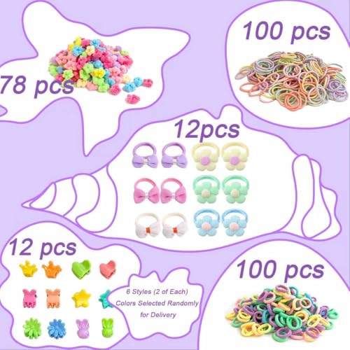 300 PCS Hair Ties Set Baby Toddlers, No Damage Baby Hair Ties, Mini Claw Clips, Flower Bow Elastic Scrunchies, Multi color Colorful Elastic Hair Ponytail Holder Hair Accessories for Baby Girls Kids