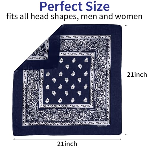 6 Pack Pure Cotton Bandana, Multi-Purpose Square Handkerchief, Face Mask headband for Men and Women - color: Navy Blue