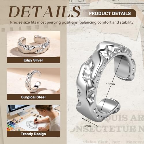 Gothic Ear Cuffs Helix Cartilage Clip on Goth Ear Cuff Stainless Steel Hypoallergenic Earrings for Women Men Non Piercing Gold & Silver Fake Earring Lightweight Punk Jewelry Gift - color: K10-Alt Design Silver