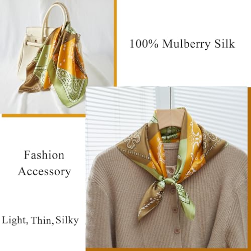 100% Mulberry Silk Neck Scarf 21''x21'' Small Square Hair Scarf for Women Men Lightweight Bandana Envelope Package - color: Geometric- Yellow