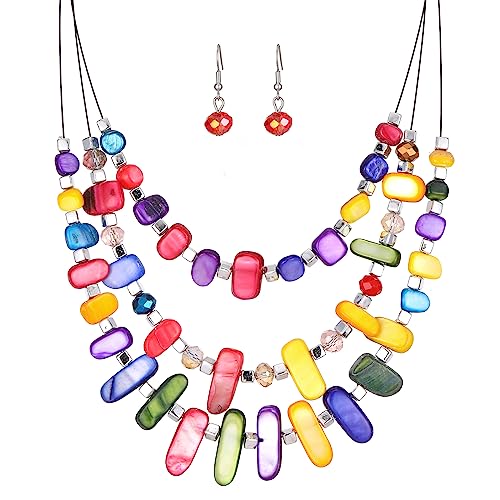 3 Layered Chunky Statement Necklace for Women Beaded Strand Necklaces with Earring Fashion Costumes Collar Necklace Jewelry Sets Gifts for Women - color: 50-Dark colorful