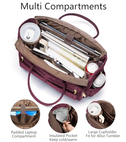 Bagstellar Teacher Bags for Women, 15.6 inch Laptop Work Tote Bag Quilted Nurse Bible Computer Shoulder Bag for School Travel | Dream Tote Work Bag - color: Burgundy