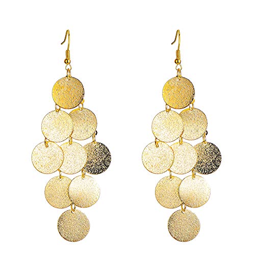 coadipress Layered Dangling Disc Earrings for Women Gold Plated Handmade Boho Lightweight Chandelier Dangle Drop Earring Layered Leaf Earrings Vintage Multiple Circle Teardrop Earrings Statement Earrings - style: Layered Gold Disc