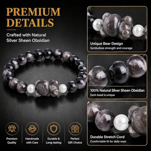 Beaded Bracelets for Women, Black Obsidian Money Attraction Bracelet, 8mm Healing Relax Anxiety Luck Crystal Bead Bracelets, Adjustable Jewelry Feng Shui Stretch Bracelet Cat Lover Gifts for Women Men - color: Black Bear