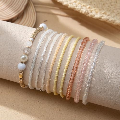 Handmade Bohemian Colorful Crystal Beaded Bracelets Set Multilayered Stackable Boho Stretch Adjustable Bangle Cuff Friendship Summer Beach Jewelry for Women - color: beige