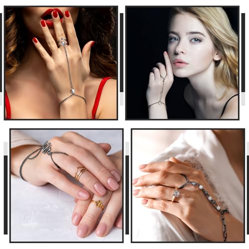 Fumete 6 pcs Finger Ring Bracelet Linked Rhinestone Hand Harness Chain Slave Bracelet with Ring Everyday Jewelry for Women - color: Black, style: Classic