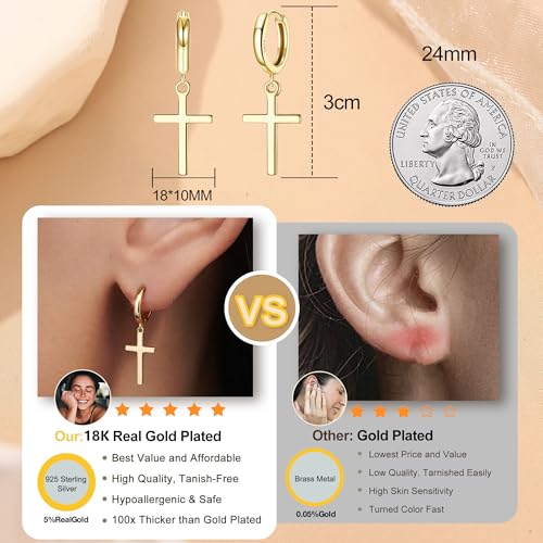 MILACOLATO 925 Sterling Silver Hoop Earrings for Women 18K Gold/Rhodium Plated Drop Dangle Hoop Earrings with Charms Cross Spike Moon Star Paperclip Link Statement Earrings Convertible Link Huggie Earrings Hypoallergenic - color: Gold Tone : Hoop with Dan