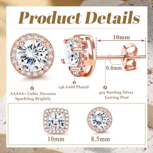 18K Gold Plated Halo Stud Earrings 925 Sterling Silver Cubic Zirconia Stud Earrings Round Square Diamonique Stud Earrings Set for Women Men - color: Rose Gold