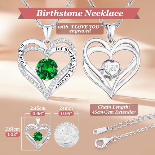 CDE Engraved Forever Love Heart Birthstone Necklace Jewelry Gifts for Women | Hypoallergenic,Nickel-Free & Lead-Free,3 x 3 mm 5A CZ Heart Pendant,Anniversary Christmas Birthday Gift for Girlfriend Wife - color: Birthstone-05-May, style: Rhodium Plated-Bra