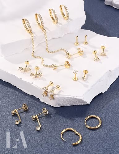 LOLIAS 16G/18G/20G Flat Back Earrings for Women Threadless Surgical Steel Stud Hoop Earrings Push in Nose Studs Hypoallergenic CZ Cartilage Earring Set Labret Helix Tragus Conch Piercing Jewelry - color: 14K Gold, size: 20G(0.8MM)-CZ