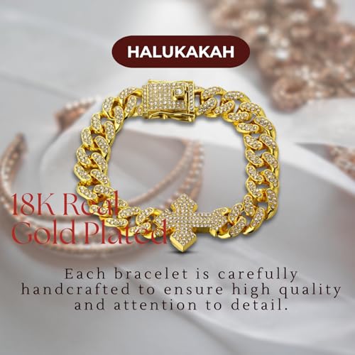 Halukakah Diamond Gold Chain for Men with Cross,18k Real Gold/Platinum Plated Fully Iced Out 12MM Miami Cuban Link Chain Necklace Bracelet,Lab Diamond Prong Set,Present for Husband,Boyfriend,Friend - color: Gold Plated Bracelet