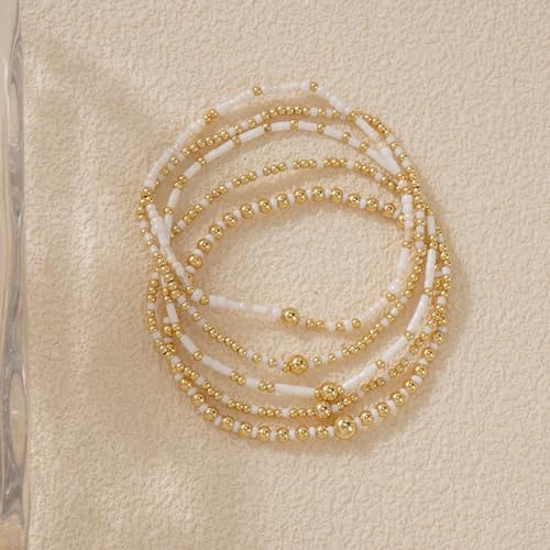 14K Gold Plated Beaded Bracelets Stack Set for Women,Stretch Boho Colorful Beads Ball Jewelry Friendship Summer Trendy - color: White