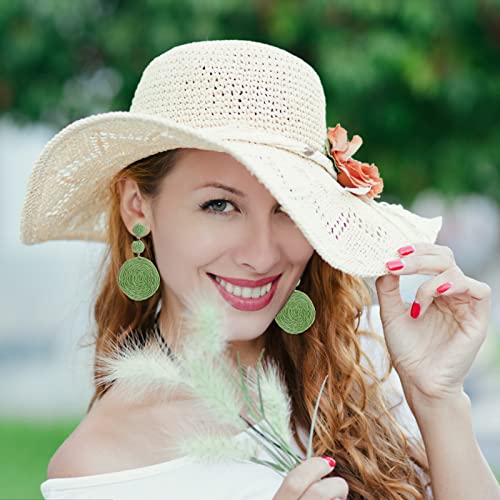 Boho Raffia Ball Earrings for Women, Handmade Statement Drop Earrings Straw Dangle Earrings Beach Vacation Jewelry - color: Matcha green