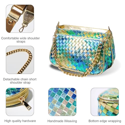 Handmade Woven Small Crossbody Bag for Women with Coin Purse, Designer Shoulder Handbag 3pcs Set, Mini Tote Clutch - color: Green Multicolor