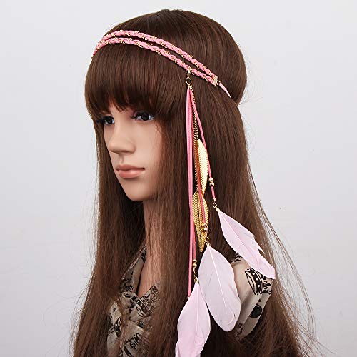WLBON Halloween Boho Feather Headband Hippie Indian Leaf Hair Hoops Bands Tassel Bohemian Headpiece Hairband Women Xmas Wedding Festival Masquerade Cosplay Dress Up Birthday Party Accessories Pink - color: Pink Tone