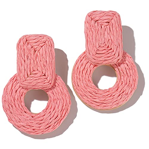 Statement Raffia Earrings Cute Boho Earrings Rattan Dangle Earrings Handmade Straw Wrap Earrings Summer Drop Dangling Earrings for Women Teen Girls - color: Coral