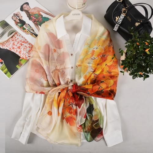 100% Mulberry Silk Women's Neck Silk Scarf-Lightweight Shawl,FLoral Print Beach Silk Wrap-Scarves for Photography - color: Yellow Green Red Floral