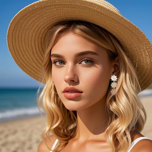 Raffia Flower Earrings Boho Handmade Straw Wrapped Drop Dangle Earrings for Women Summer Beach Jewelry - color: khaki