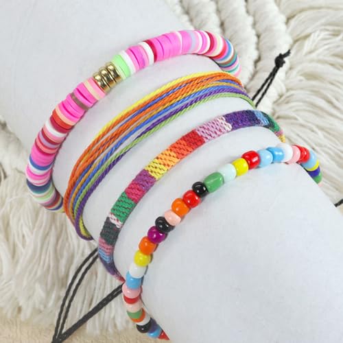 Beach Bracelet Set for Men and Women, Surfer Men Bracelet, Braided Boho Summer Bracelets Adjustable Men's Bracelet Handmade Women Bracelet String Rope Ankle Bracelets Birthday Gift - style: 4pcs Boho Bracelets Ankles Pink
