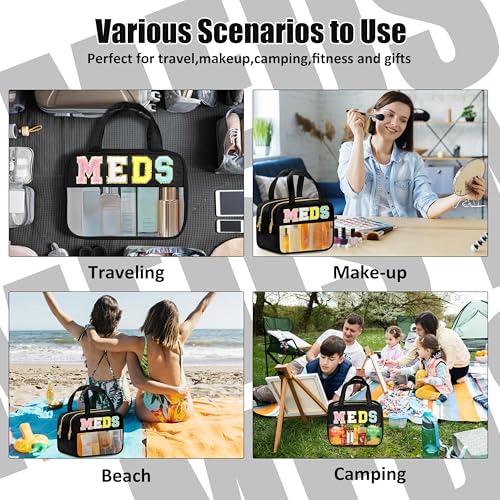 BuyCard Chenille Letter Clear Medicine Makeup Bag for Travel, Preppy Patch Nylon Cosmetic Meds Pouch with Handles and Zipper, Waterproof Large Travel Toiletry Bag Storage Case for Women Black - color: Black-MEDS