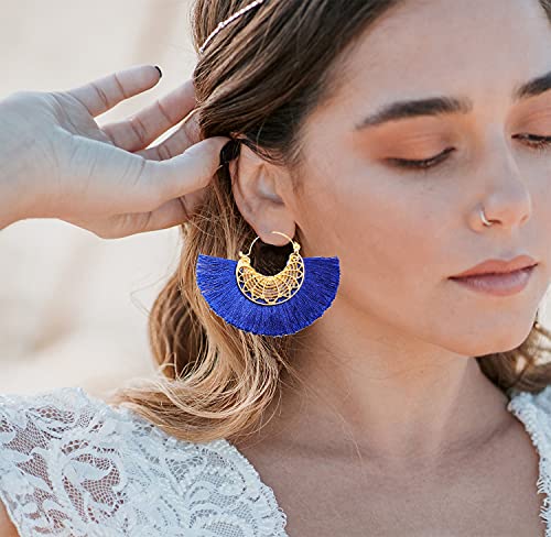 Tassel Hoop Earring Statement Thread Dangle Earrings Stylish Long Fringe Drop Earrings Lightweight Long Swingy French Hook Earrings for Women - color: B Sapphire Blue