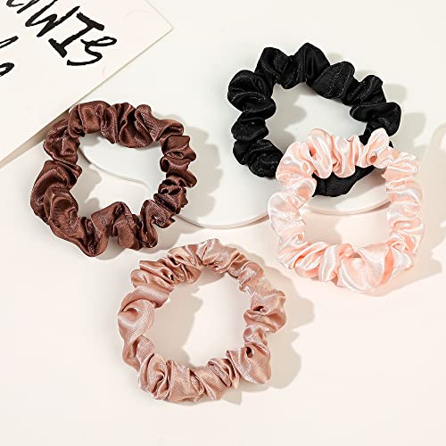 Satin Silk Hair Ties Small Mini Scrunchy for Women Cute Ponytail Holders Mini Bulk Scrunchies Elastic Hair Bands for Thick Curly Hair Pony Tails Hair Ties (12 Pcs) - color: Pink-brown