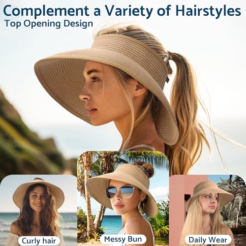NPJY Sun Hats for Women Wide Brim Roll-Up Beach Ponytail Hat Packable Foldable Travel Straw Visor - color: White