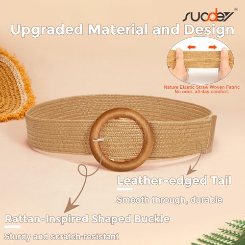 SUOSDEY Straw Woven stretchy Waist Belt for Women Dresses,Wide Boho Braided Elastic Belt with Round Buckle - color: 03-camel Wood, size: Fits waist from 33"-37"