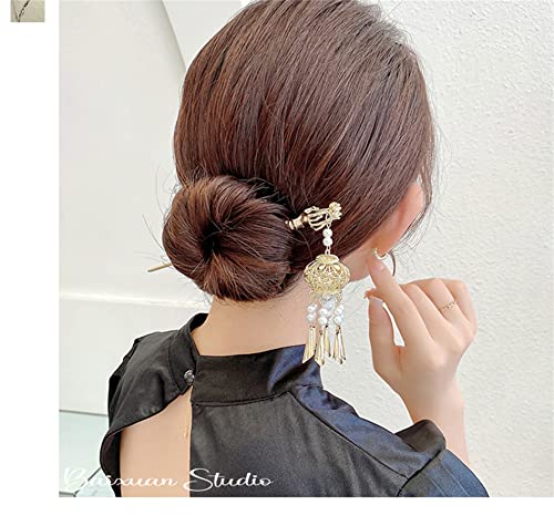 Lantern Light Tassel Hairpin Hair Stick Chinese Coiled Hair Antique Hair Pin Hair Accessories for Women White Bead 1pc - color: White Bead