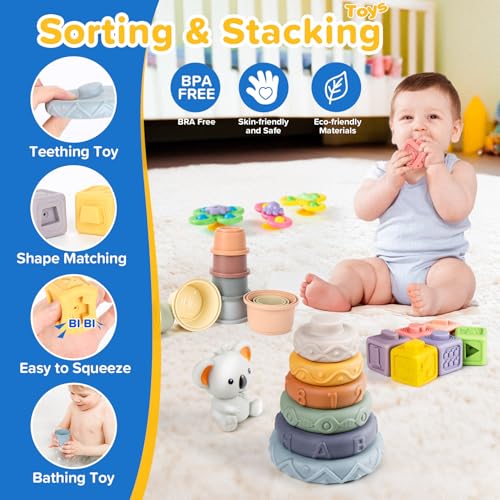 6-in-1 Baby Toys 6 to 12 Months, Montessori Toys for Babies 6-12-18 Months, Infant Teething Toy Stacking Blocks Rings Sensory Bin, Sorting Sensory Educational Learning Gift for Toddlers Aged 1-3 - size: 6 in 1