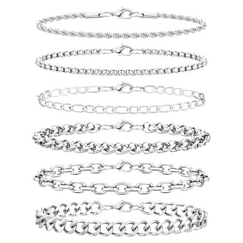 6PCS Stainless Steel Bracelets for Men Women, Silver Gold Black Cuban Link Rope Box Wheat Chain Paperclip Figaro Jewelry Set, 7/8/9 Inches - color: Silver, size: 7 inches