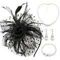 DRESHOW Fascinators Hat Flower Mesh Ribbons Feathers on a Headband and a Clip Tea Party Headwear for Girls and Women - color: 7" Black + Necklace+ Earrings+ Bracelet