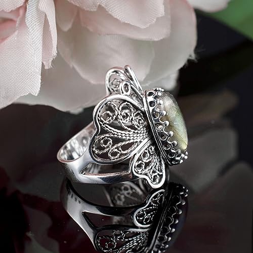 Filigranist Sterling Silver Filigree Art Butterfly Women Cocktail Ring with Gemstones - color: Labradorite