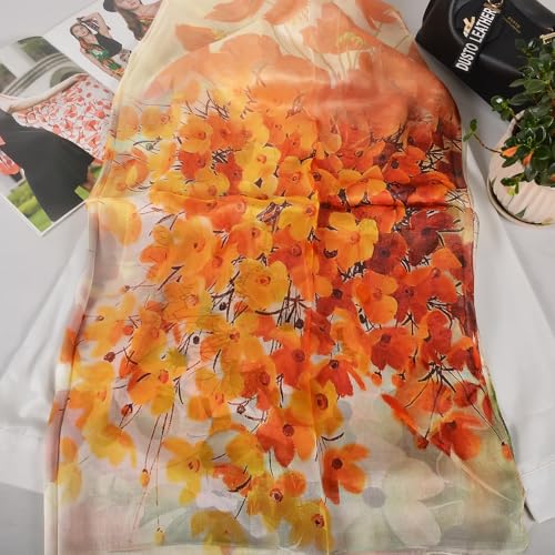 100% Mulberry Silk Women's Neck Silk Scarf-Lightweight Shawl,FLoral Print Beach Silk Wrap-Scarves for Photography - color: Yellow Green Red Floral