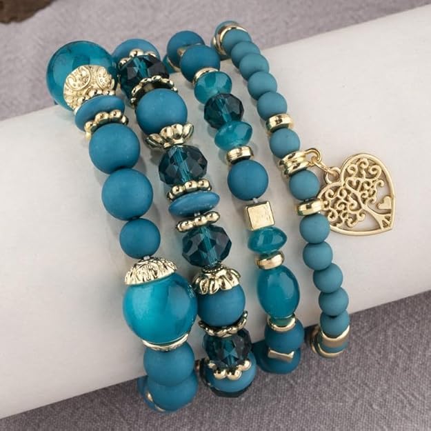 Nyx&lvy Pink Crystal Beaded Stretch Bracelet Set with Gold Heart Charm, Multi-Strand Fashion Jewelry for Women - style: blue