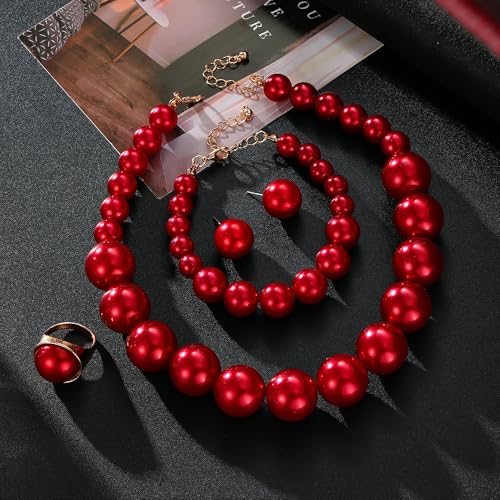 Chunky Beads Jewelry Set Boho Large Simulated Pearl Statement Colorful Beaded Necklace Bracelet Earrings Ring Set Holiday Party Bride Outfit for Women - color: Red