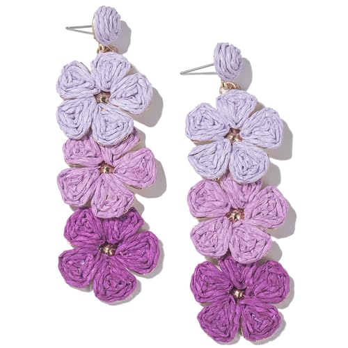 Boho Flower Earrings Statement Raffia Dangle Earrings Cute Floral Jewelry Trendy Summer Beach Vacation Outfits for Women - color: Purple-2