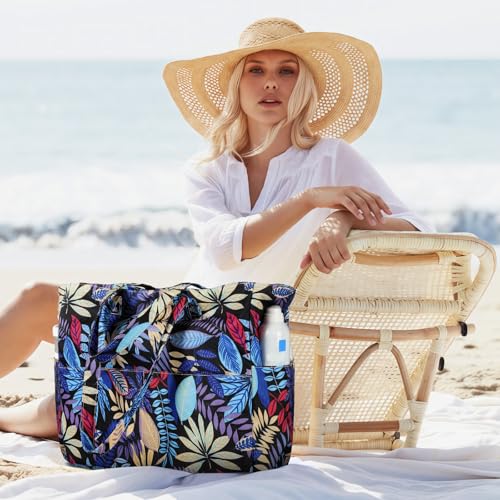 Trifabricy Beach Bags for Women Waterproof Sandproof Women Tote Bag, Large Beach Bag with Zipper for Gym Travel Vocation - color: Blue Leaves