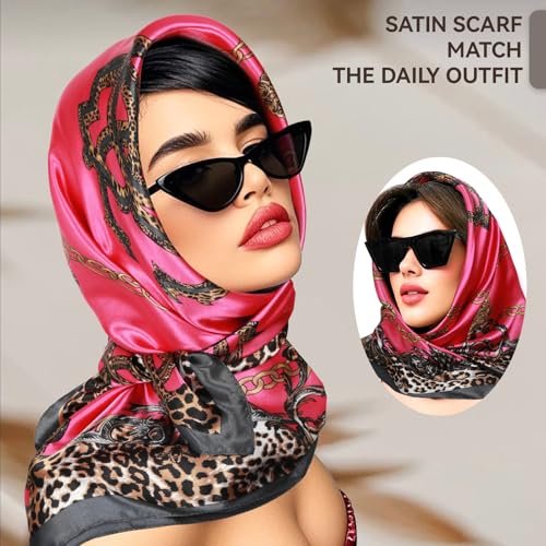 Head Scarf for Women Hair - 2 Pack 35" Square Satin Scarf, Silk Hair Scarf for Women Head Wrap for Sleeping - color: Tangerine & Fuchsia